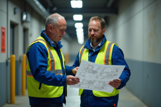 Agent de sécurité en veste haute visibilité examine une carte