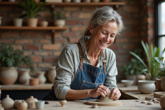 Femme artisan créant de la poterie dans son atelier chaleureux