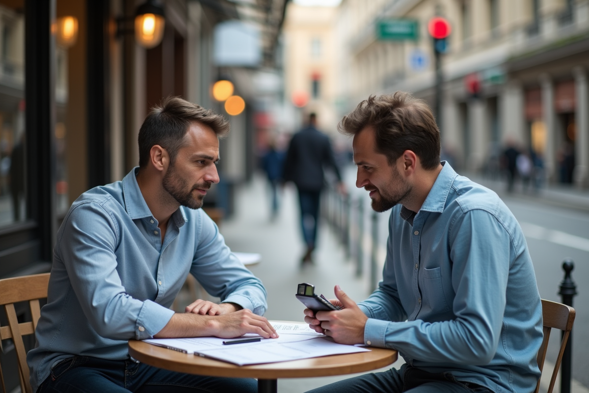Homme freelance discutant contrat avec un client au café