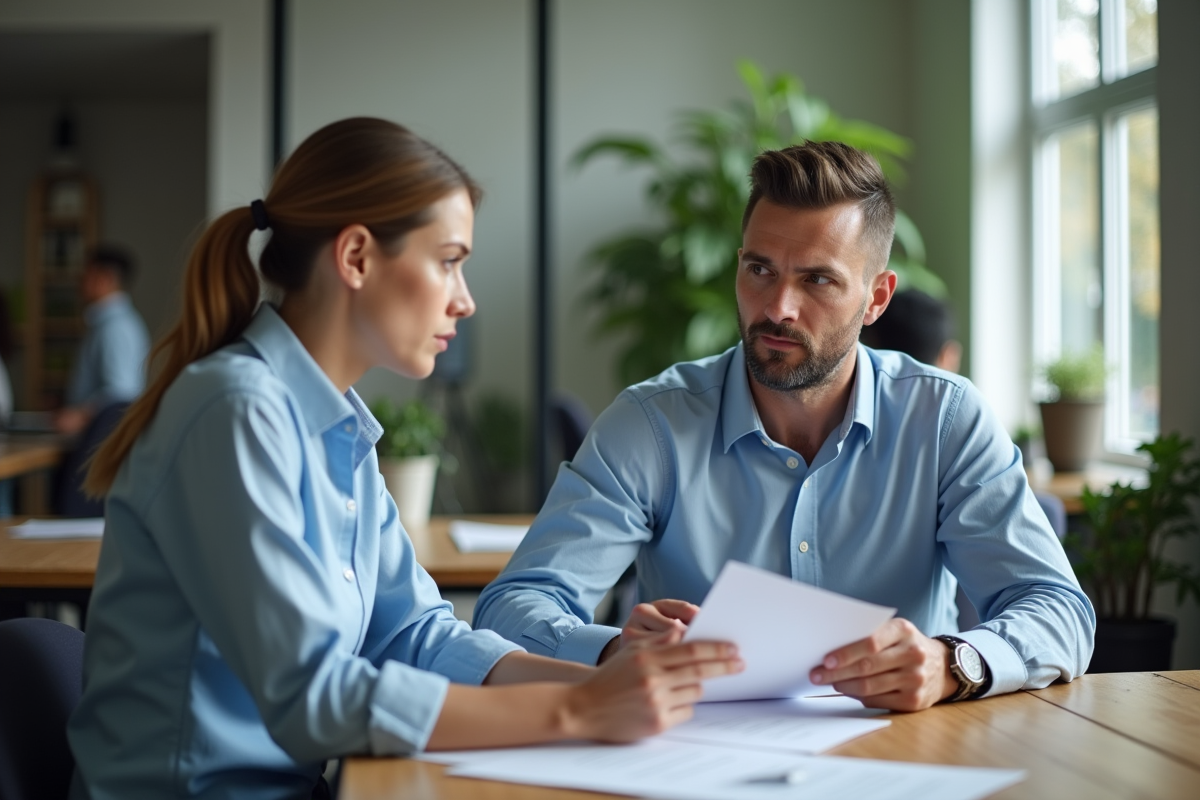 Homme et femme discutant au bureau collaboratif