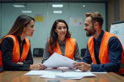 Groupe de professionnels en réunion sécurité au bureau