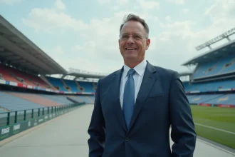 Homme d'affaires confiant devant un stade avec panneau publicitaire