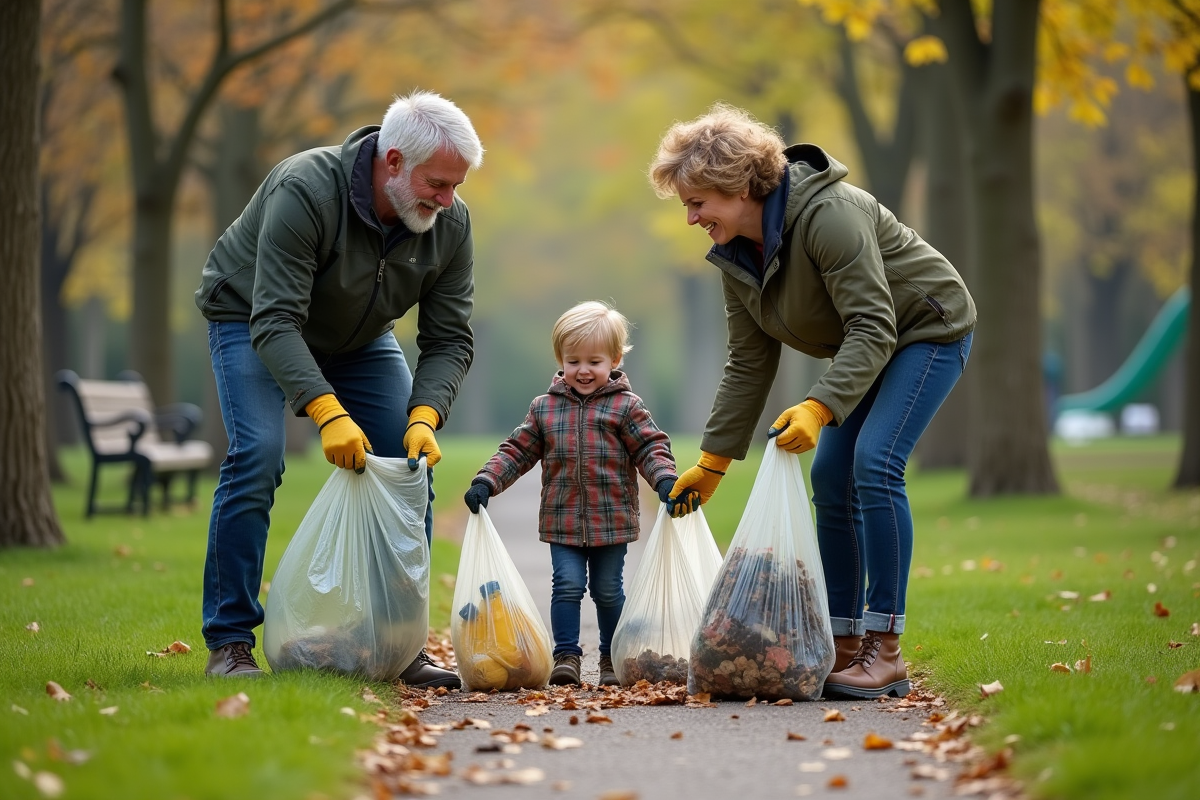 Famille participant à un nettoyage dans un parc urbain