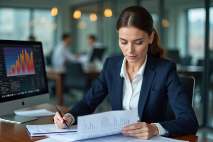 Femme d affaires examine un budget publicitaire TV dans un bureau moderne