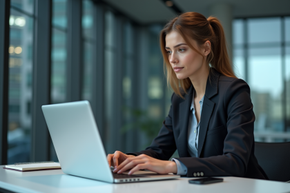 Femme en tenue professionnelle analysant un tableau digital