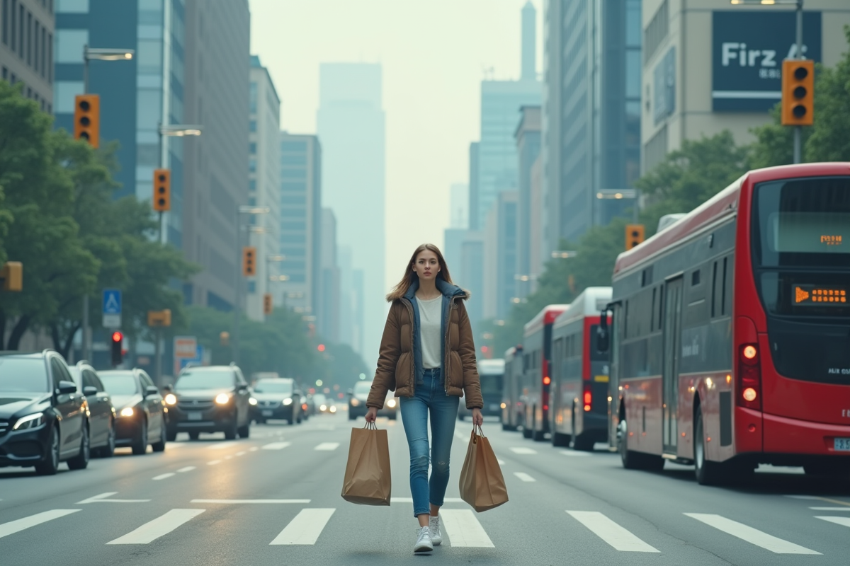 Jeune femme urbaine avec sacs de courses dans la ville