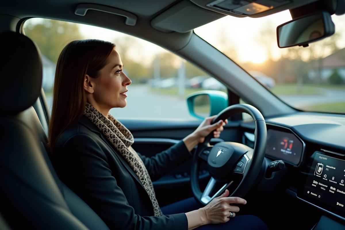 Femme d affaires dans un SUV électrique regardant par la fenêtre