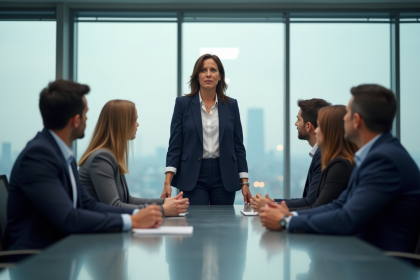 Femme d'affaires en costume navy dirigeant une réunion