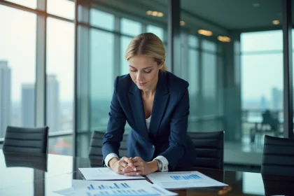 Femme en blazer navy dans une salle de r&eacute;union moderne