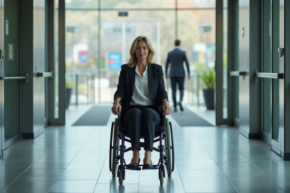 Femme en fauteuil roulant dans un bâtiment moderne