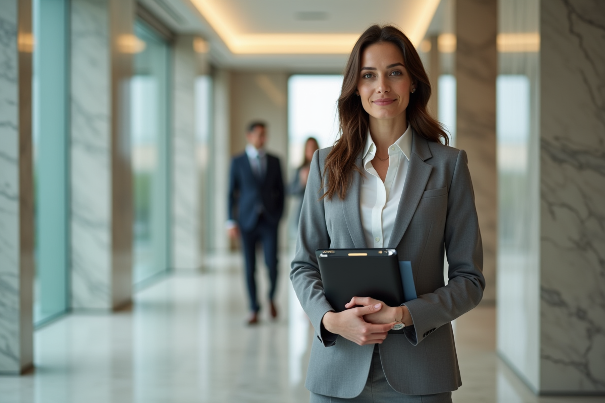Jeune femme professionnelle parlant dans un couloir de tribunal