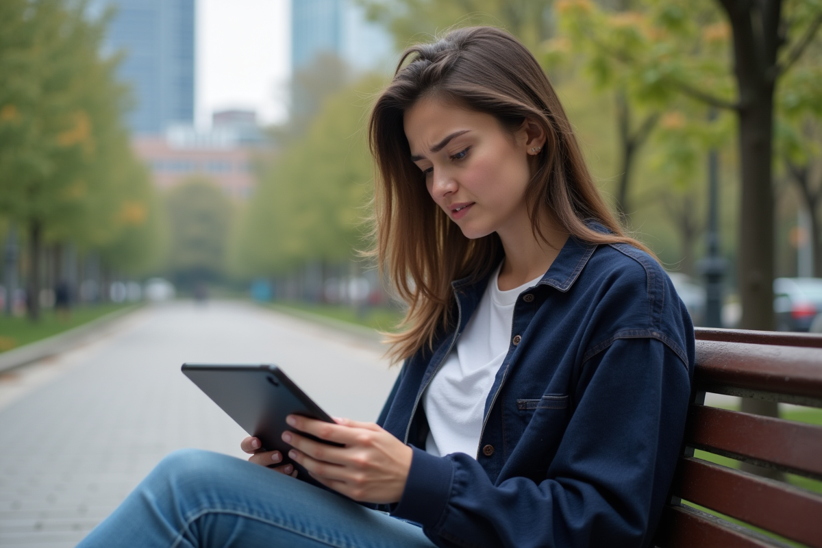 Jeune femme dans un parc vérifiant un email sur sa tablette