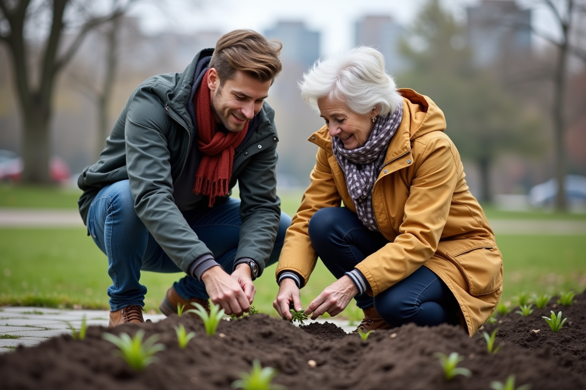 Femme et jeune homme plantant des fleurs dans un parc urbain