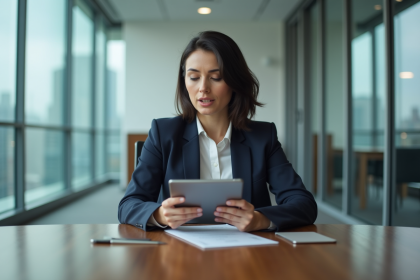 Femme en blazer navy lors d'une r&eacute;union en entreprise