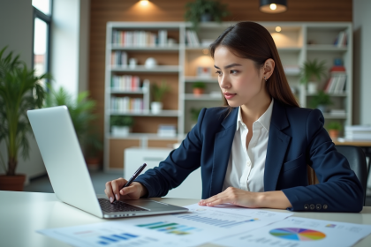 Jeune femme d'affaires analysant des graphiques KPI au bureau