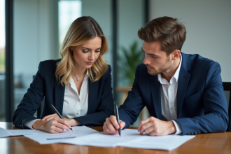 Femme professionnelle en réunion avec collègue dans un bureau moderne