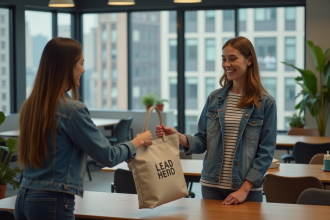 Jeune femme souriante donnant un tote bag à une collègue dans un bureau