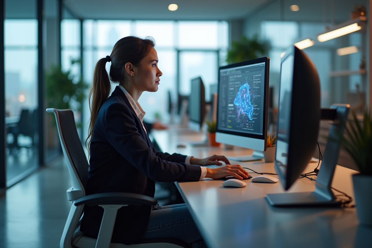 Jeune femme IT configurant des applications cloud au bureau