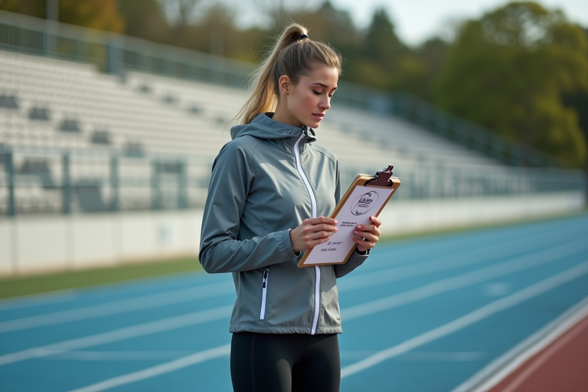 Jeune femme sportive consultent un graphique en triangle sur un clipboard