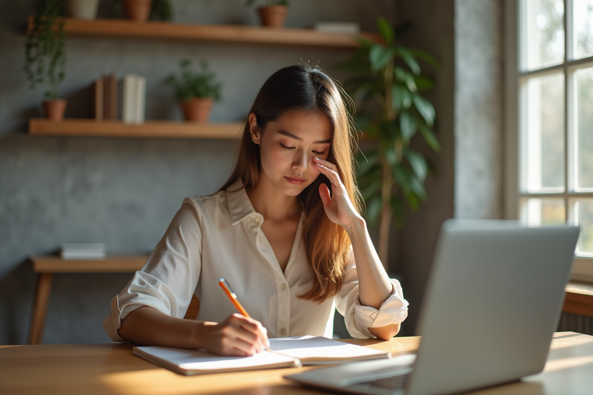 Jeune femme prenant des notes dans un bureau à domicile lumineux