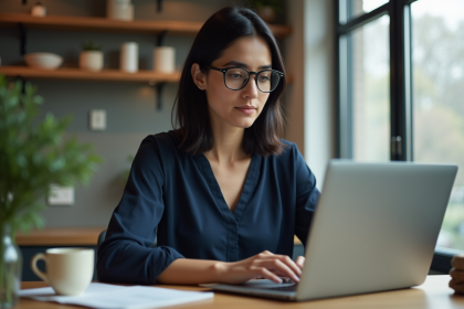 Femme en télétravail dans une cuisine moderne et chaleureuse