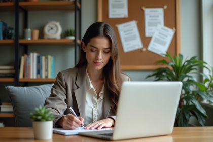 Jeune femme freelance travaillant sur son ordinateur &agrave; domicile