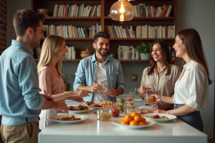 Groupe d'adultes souriants en cuisine moderne