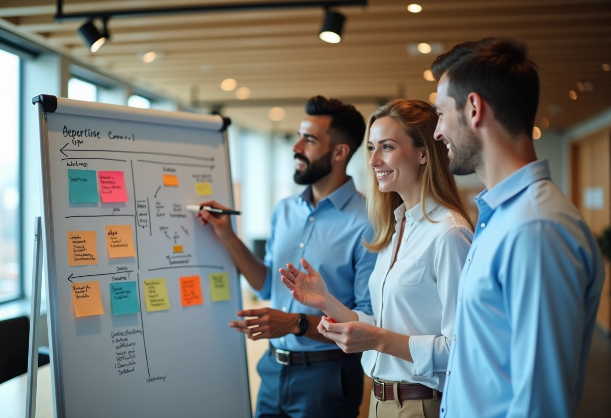 Groupe de trois professionnels discutant autour d un tableau blanc