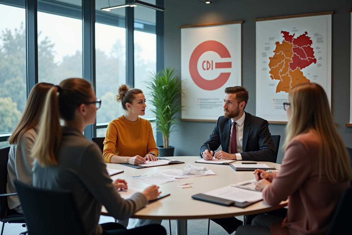 Groupe de jeunes adultes en discussion en salle moderne