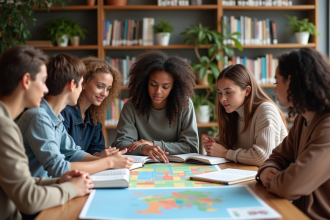 Groupe de jeunes autour d'un tableau avec objectifs de développement durable
