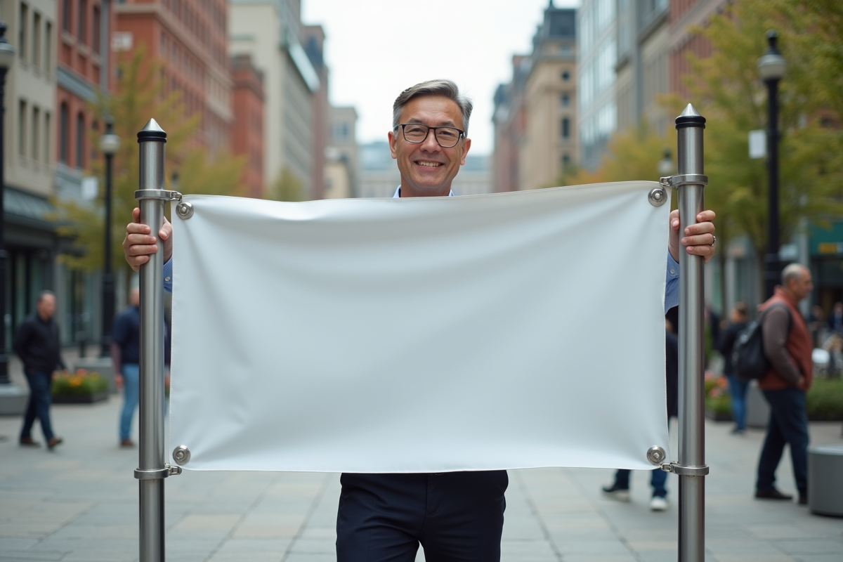 Homme tenant une bannière dans une place urbaine animée