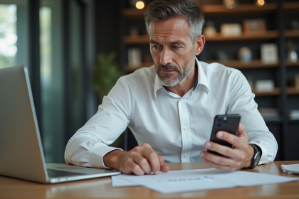 Homme d'âge moyen au bureau avec ordinateur et smartphone