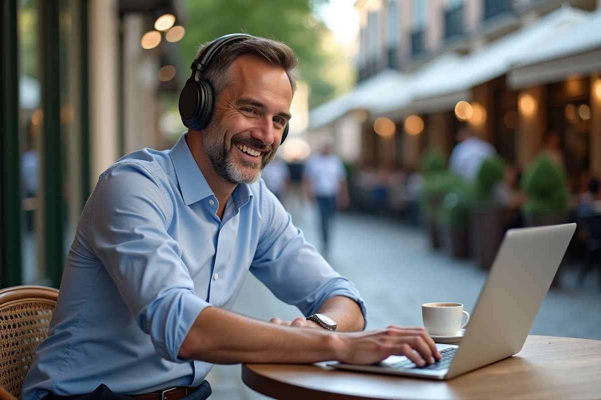 Homme d age moyen travaillant en extérieur dans un café animé