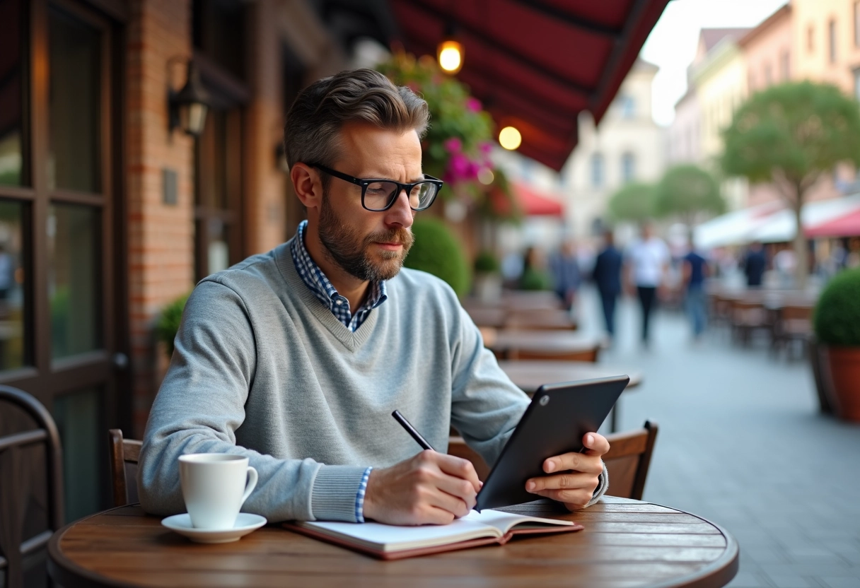 Homme travaillant sur une tablette dans un café en ville