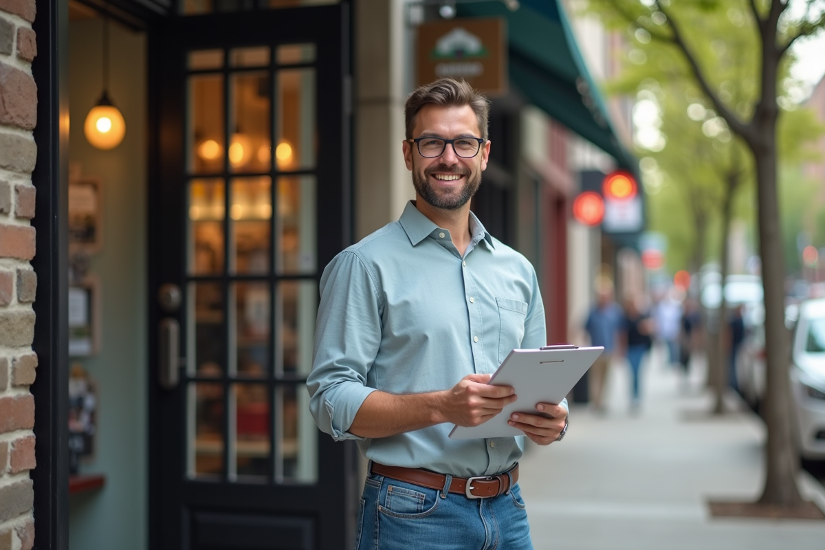 Homme souriant devant sa boutique nouvellement ouverte