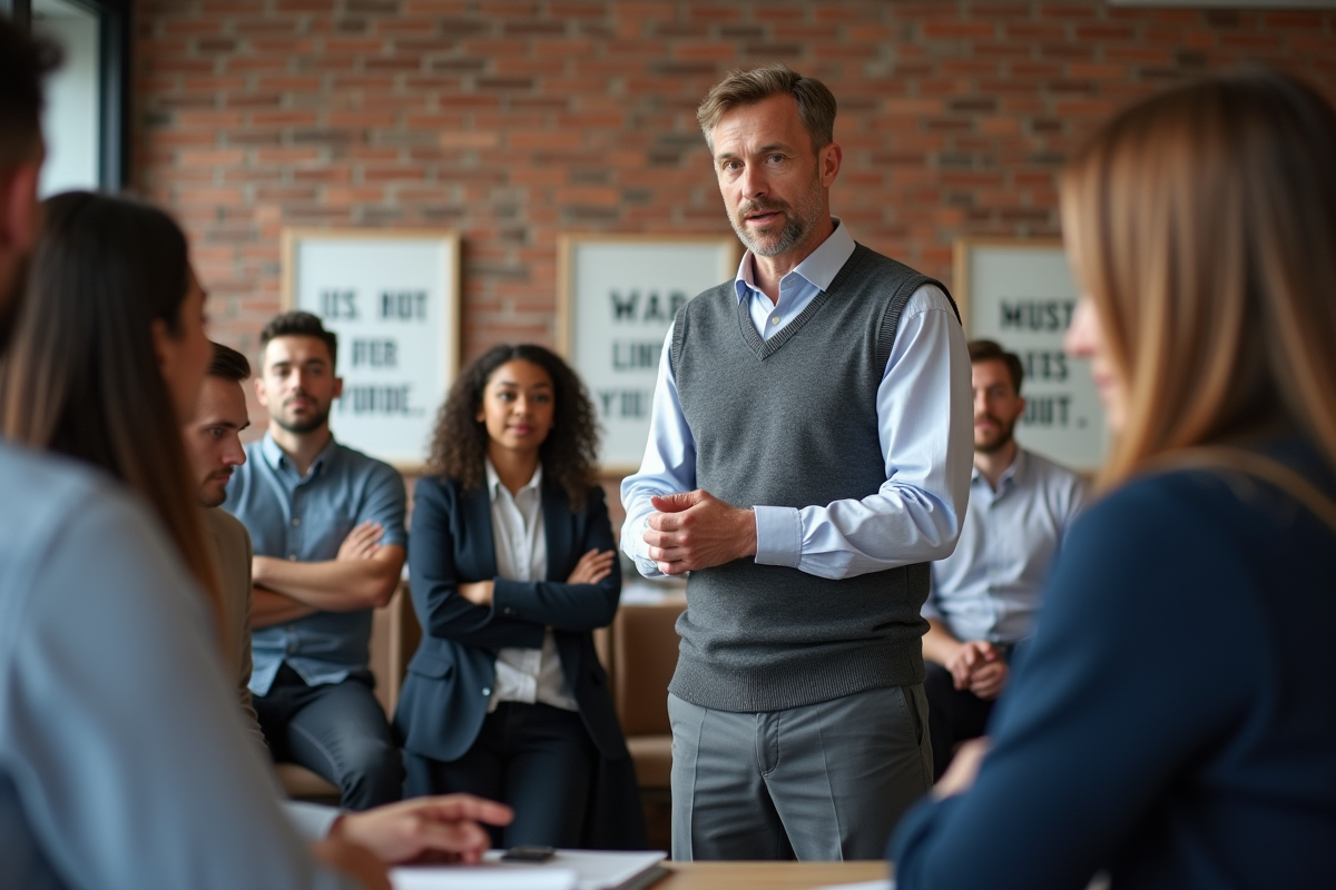 Homme expliquant des politiques à un groupe dans une salle de pause