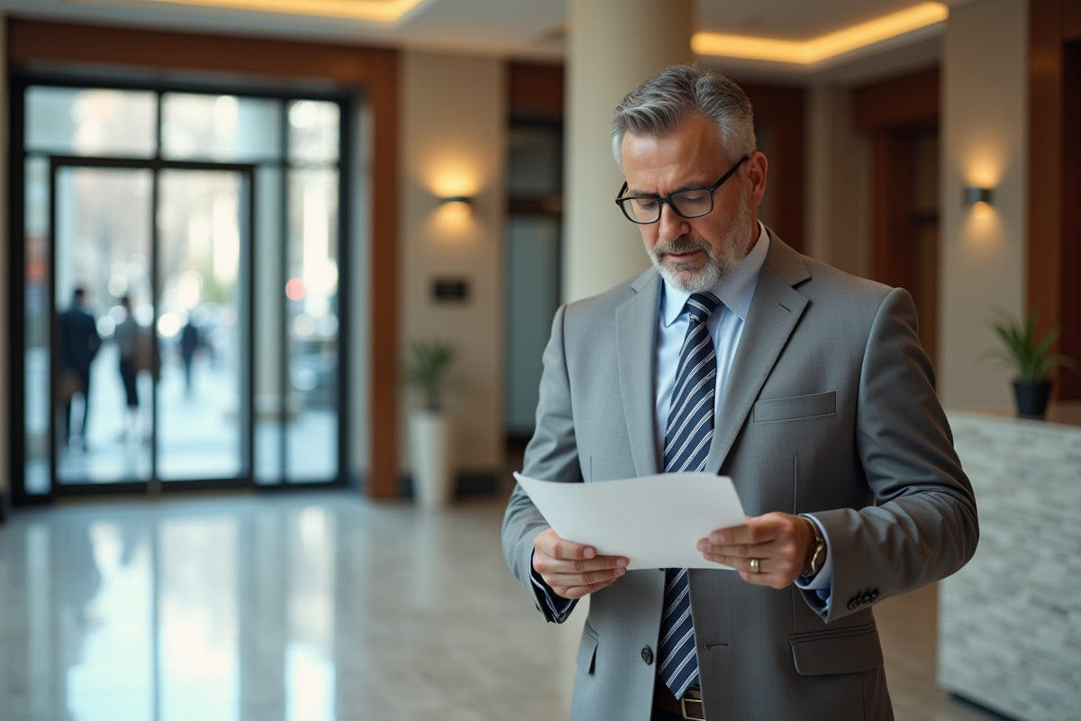 Homme lisant une lettre dans un hall d
