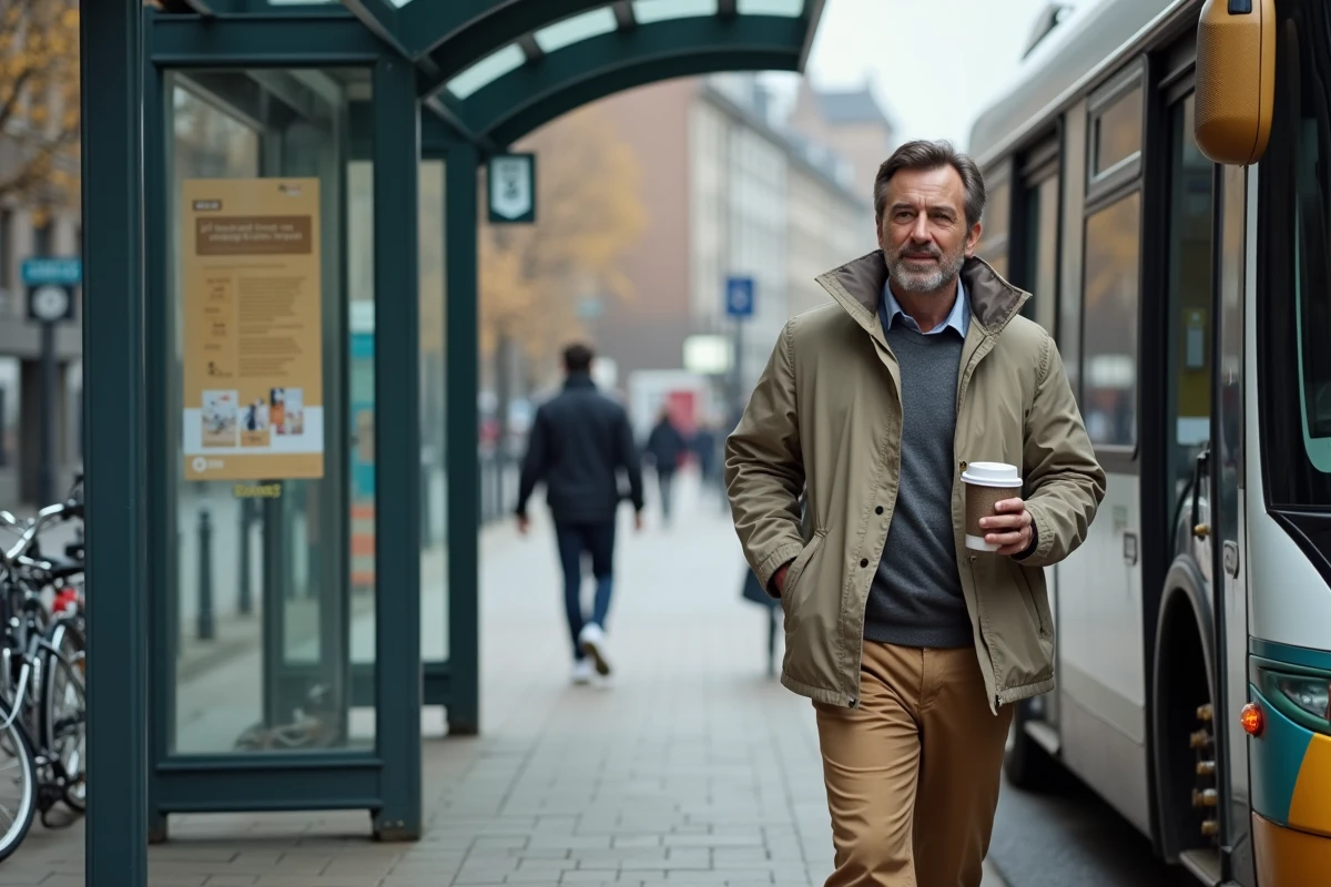 Homme avec cafe en se rendant en bus pour article mobilité urbaine