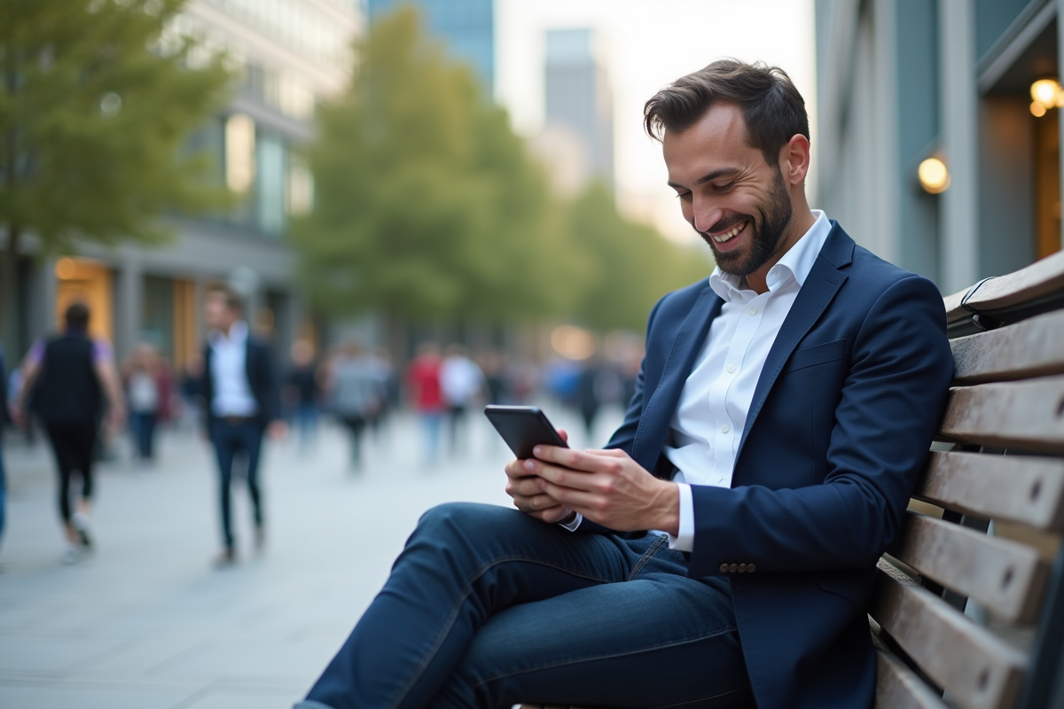 Homme en ville consulte des offres d