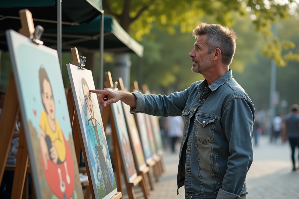 Homme surpris pointant une œuvre d