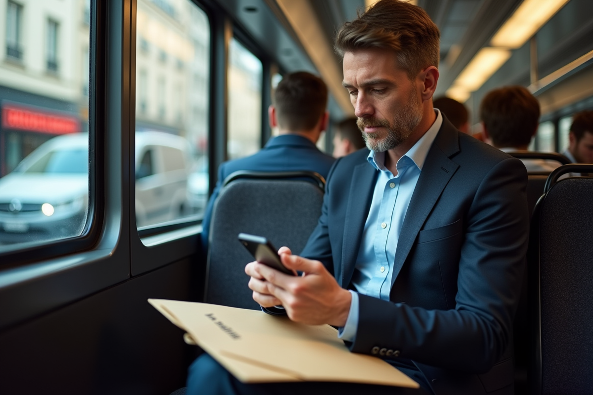 Homme d affaires consulte son smartphone dans un tram avec document mobilite