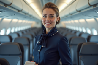 Hôtesse de l'air belge en uniforme navy dans un avion