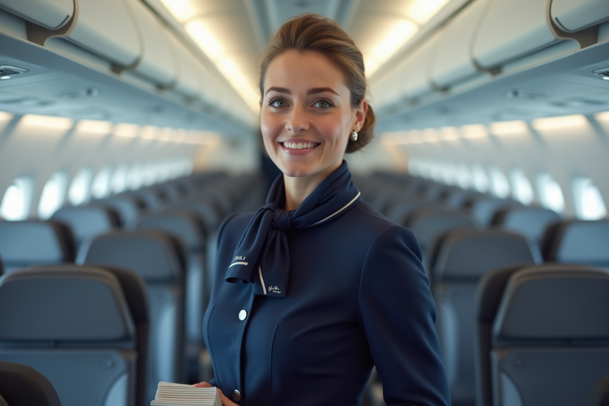 Hôtesse de l'air belge en uniforme navy dans un avion