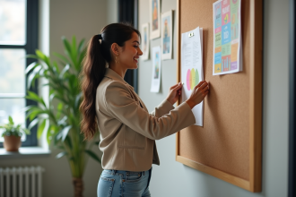 Jeune femme pinçant une affiche dans un bureau moderne