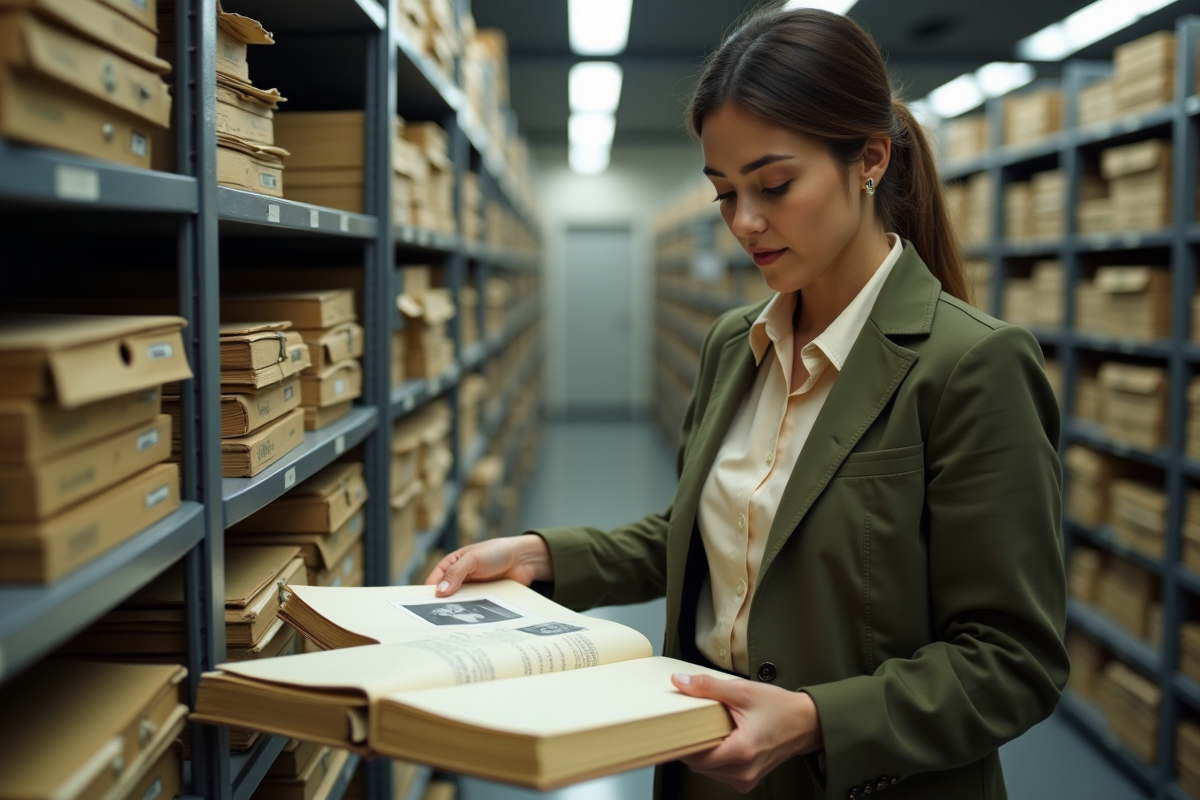 Jeune femme organisant des archives dans une salle de stockage