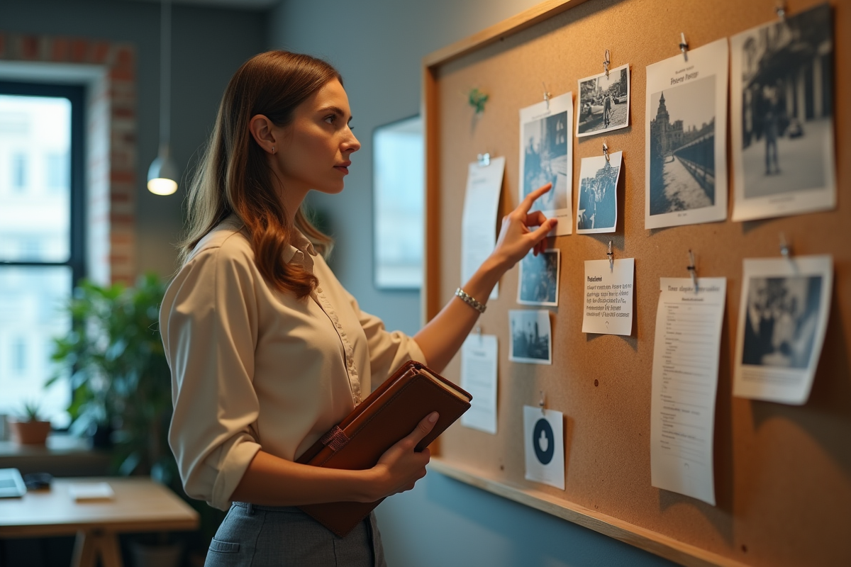Jeune femme pointant un document sur un tableau d