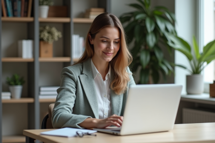 Jeune femme mise à jour son CV sur un bureau à domicile