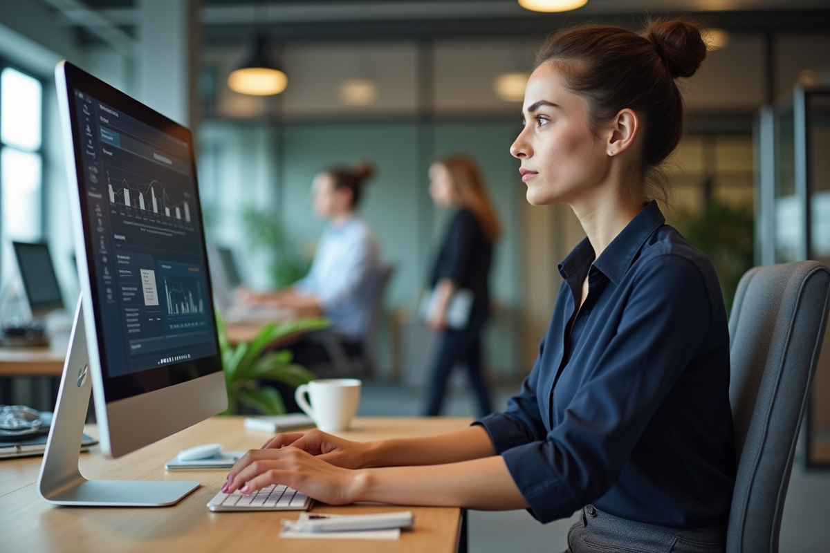 Jeune femme travaillant seule sur un ordinateur dans un bureau