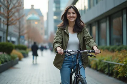 Jeune femme souriante avec v&eacute;lo en ville pour article sur mobilit&eacute;