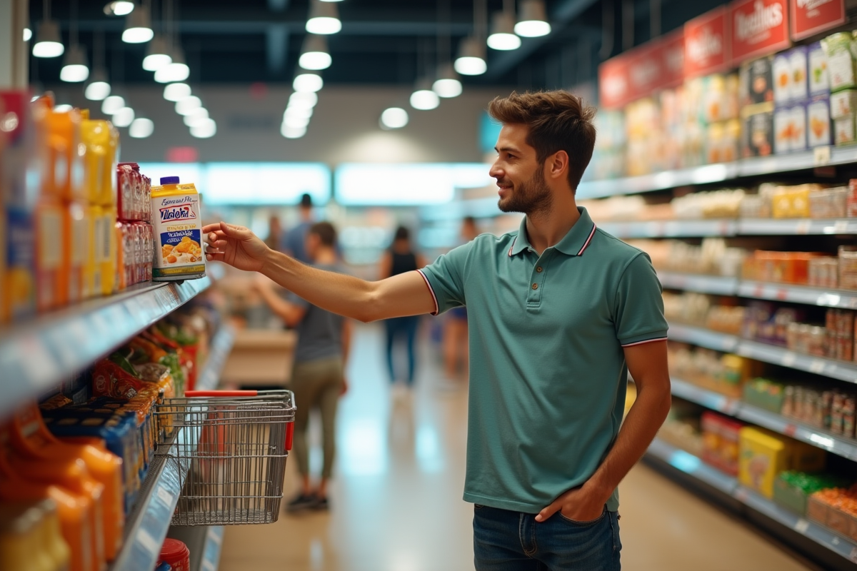 Jeune homme atteignant un produit en promotion en supermarché
